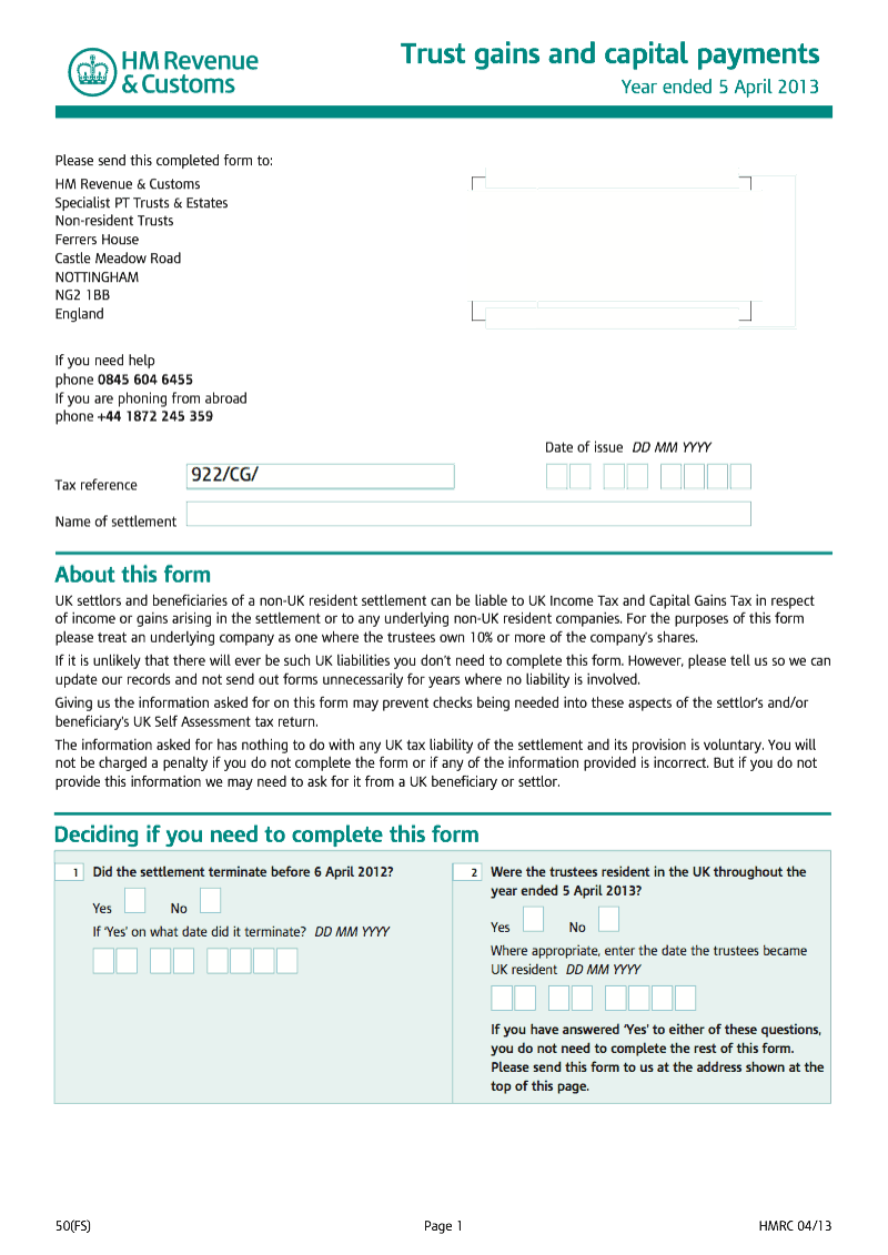 50 FS 2013 Trust gains and capital payments Year ended 5 April 2013 preview