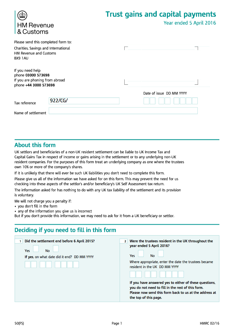 50 FS 2016 Trust gains and capital payments Year ended 5 April 2016 preview