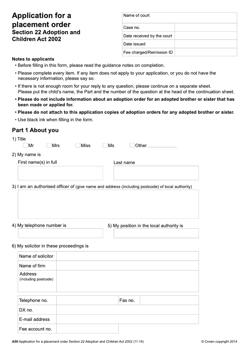 A50 Application for a placement order Section 22 Adoption and Children Act 2002 preview