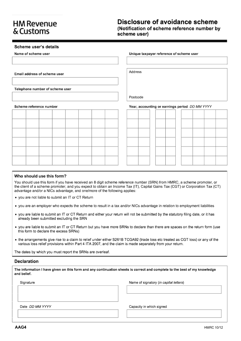 AAG4 IHT Disclosure of avoidance scheme Notification of scheme reference number by scheme user preview