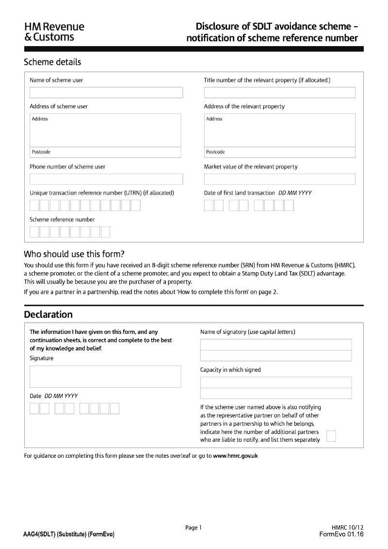 AAG4 SDLT Disclosure of SDLT avoidance scheme Notification of scheme reference number preview