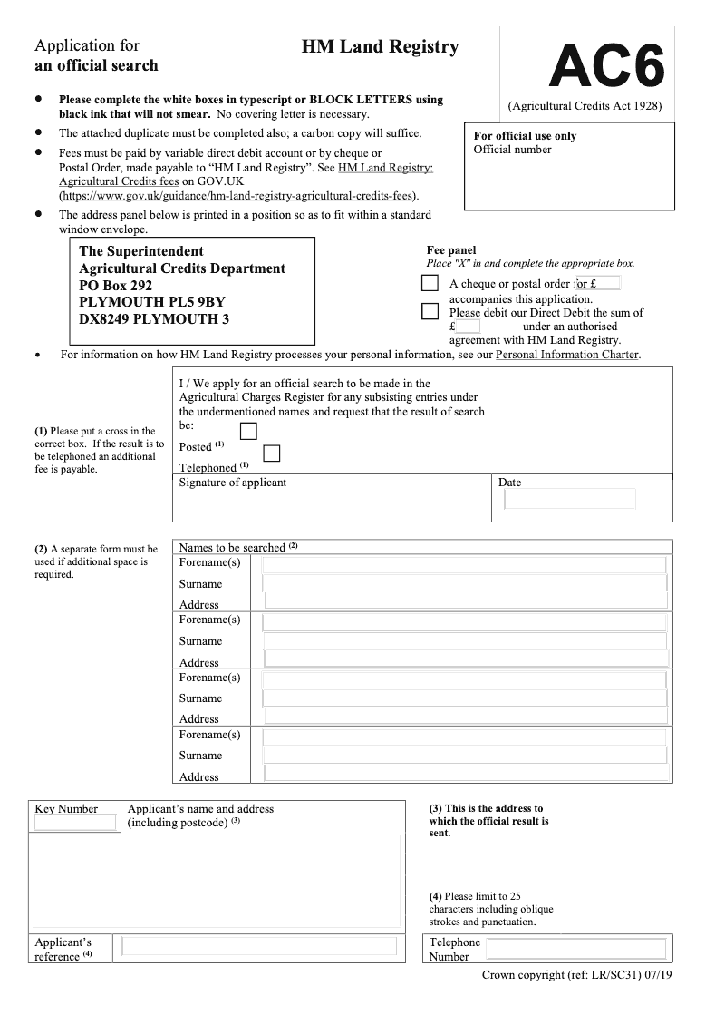 AC6 Application for an official search Agricultural Credits Act 1928 preview