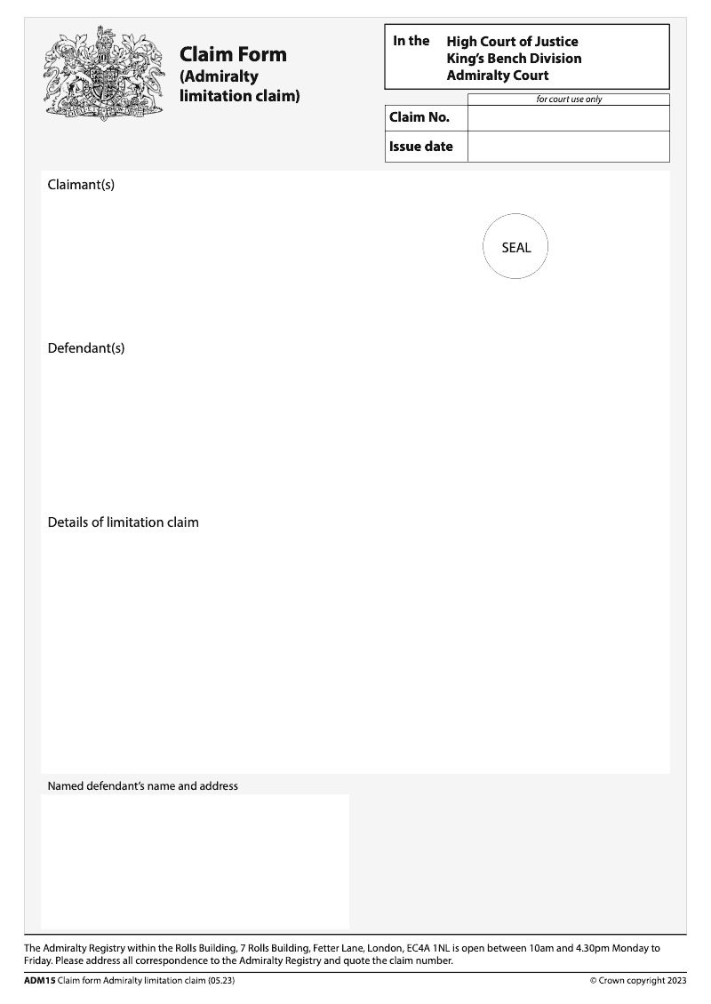 ADM15 Claim form Admiralty limitation claim preview