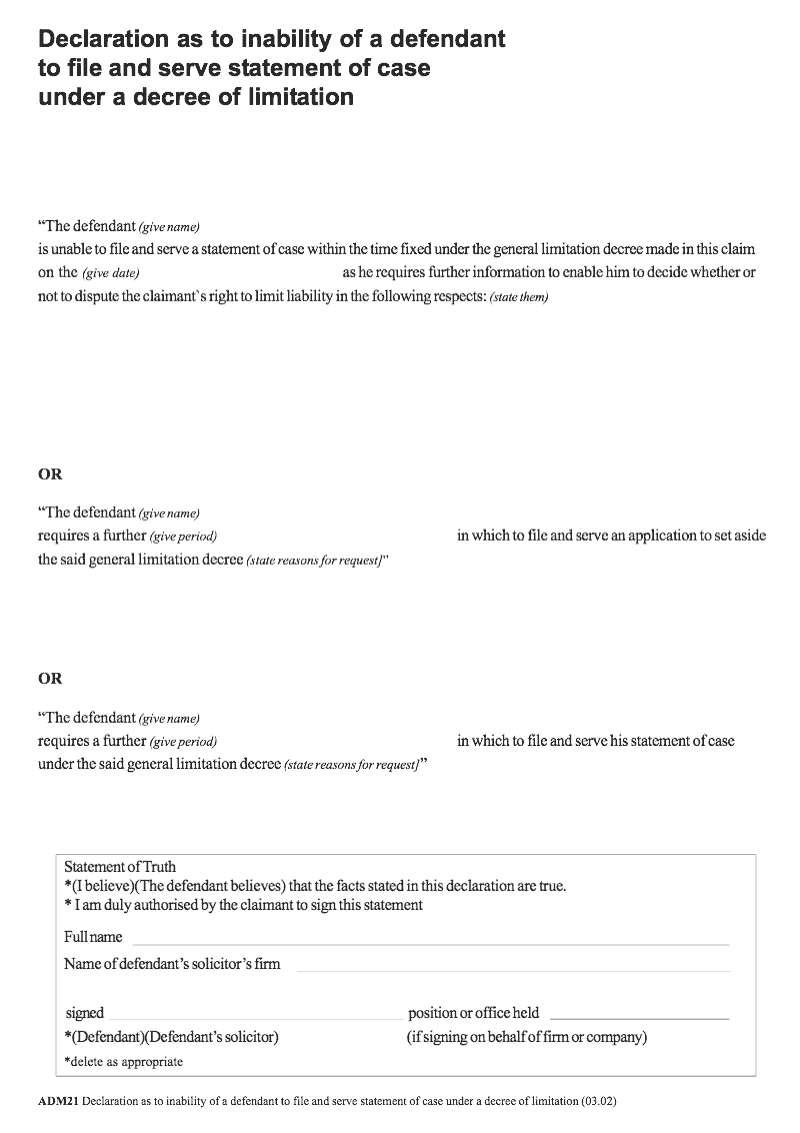 ADM21 Declaration as to inability of a defendant to file and serve statement of case under a decree of limitation preview