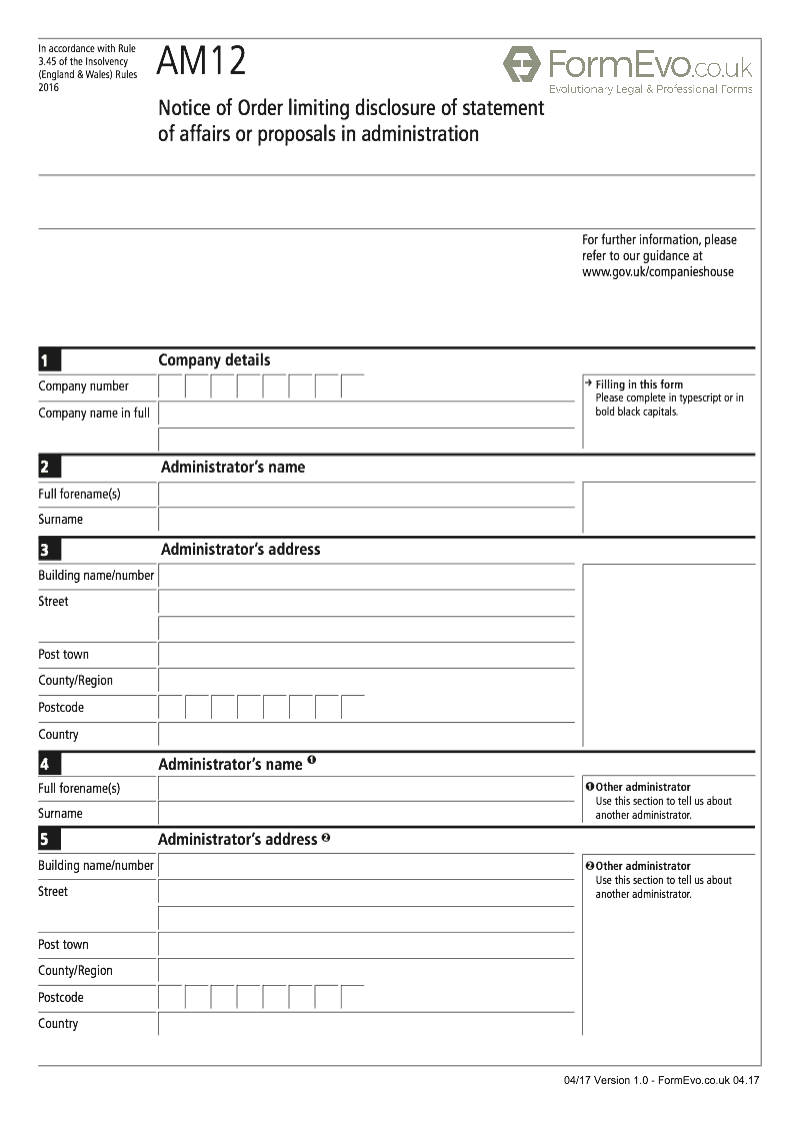 AM12 Notice of Order limiting disclosure of statement of affairs or proposals in administration Rule 3 45 preview