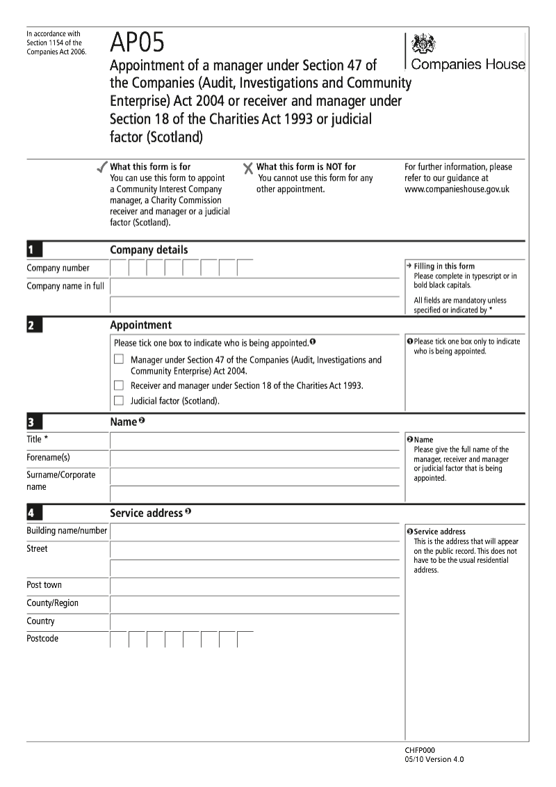 AP05 Appointment of a manager under Section 47 of the Companies Audit Investigations and Community Enterprise Act 2004 or receiver and manager under Section 18 of the Charities Act 1993 nor judicial factor Scotland Section 1154 preview