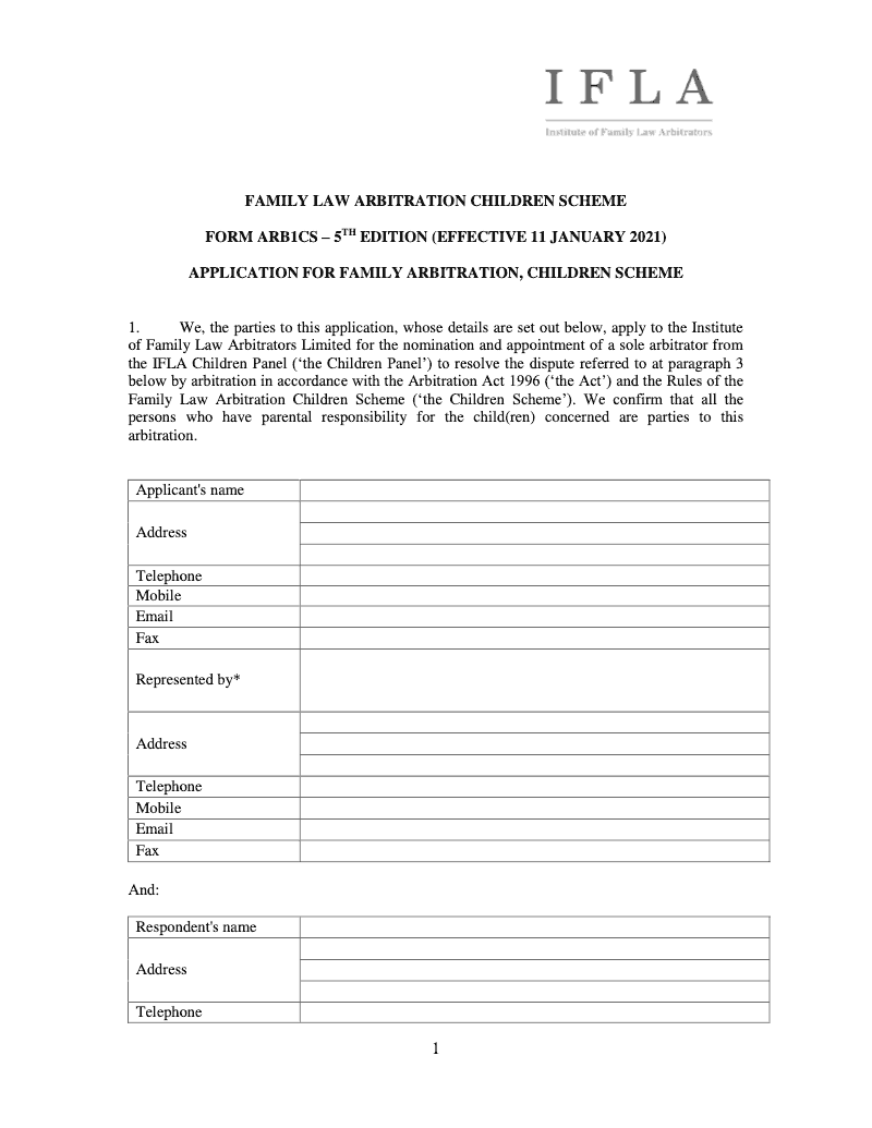 ARB1CS Application for family arbitration children scheme preview