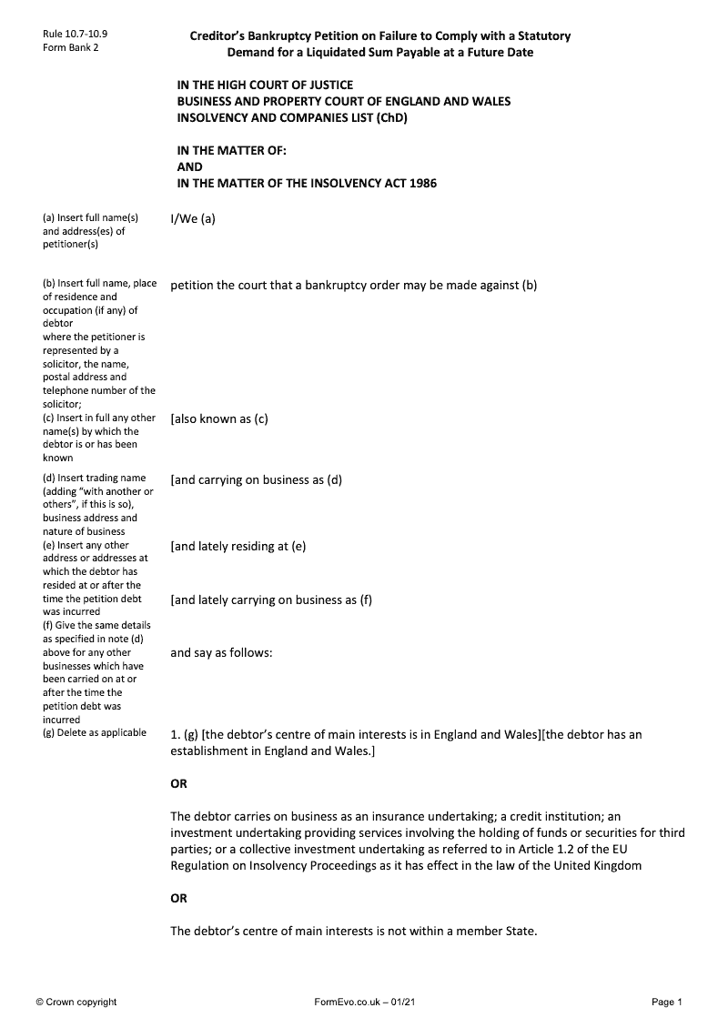 BANK2 Creditor s Bankruptcy Petition on Failure to Comply with a Statutory Demand for a Liquidated Sum Payable at a Future Date preview