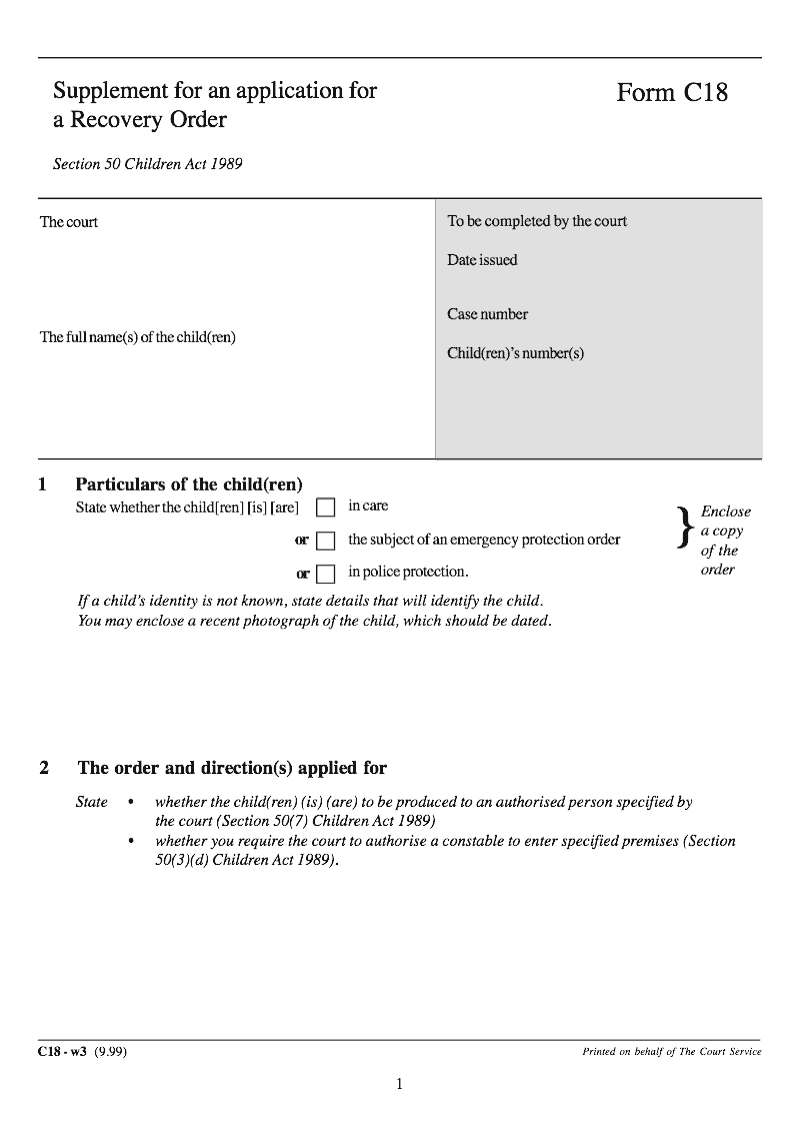 C18 Supplement for an application for a Recovery Order preview