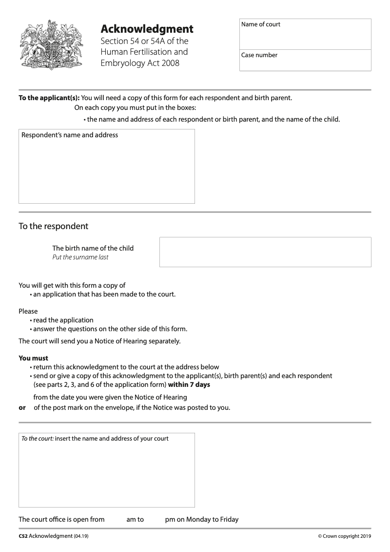 C52 Acknowledgment Section 54 Human Fertilisation and Embryology Act 2008 preview