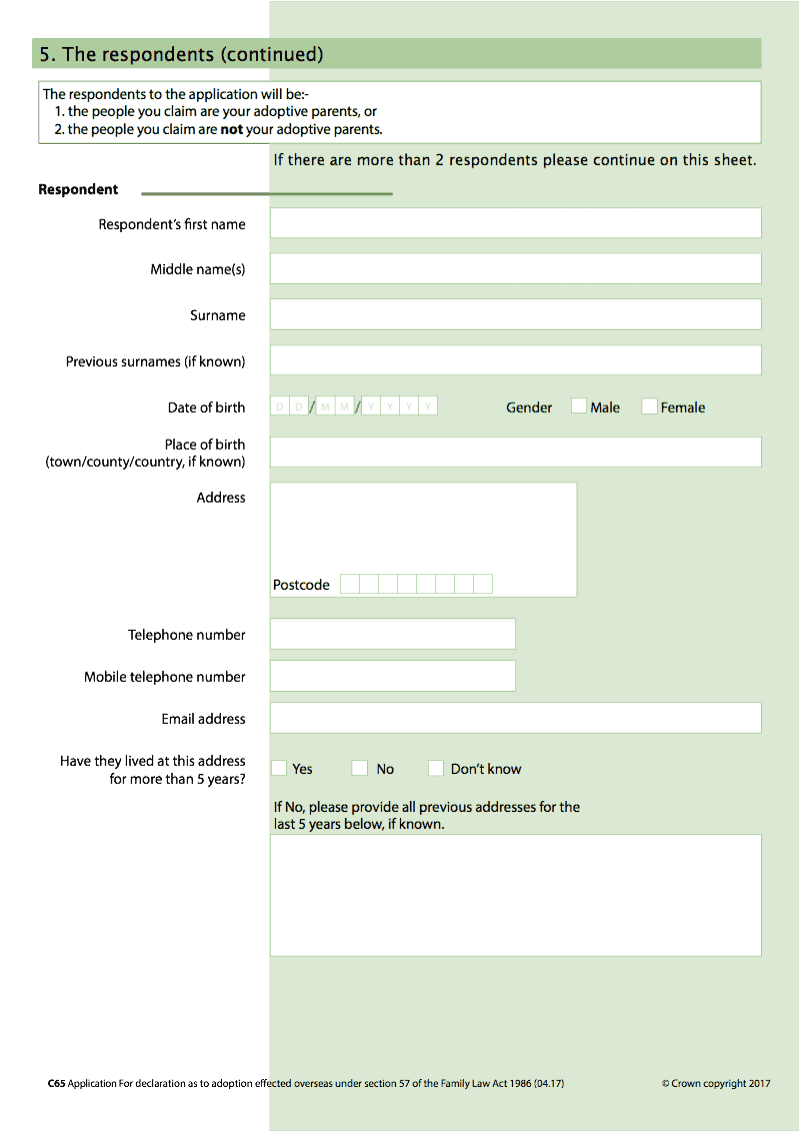 C65 Continuation Page Continuation page additional respondents Form C65 Application for declaration as to adoption effected overseas under section 57 of the Family Law Act 1986 preview