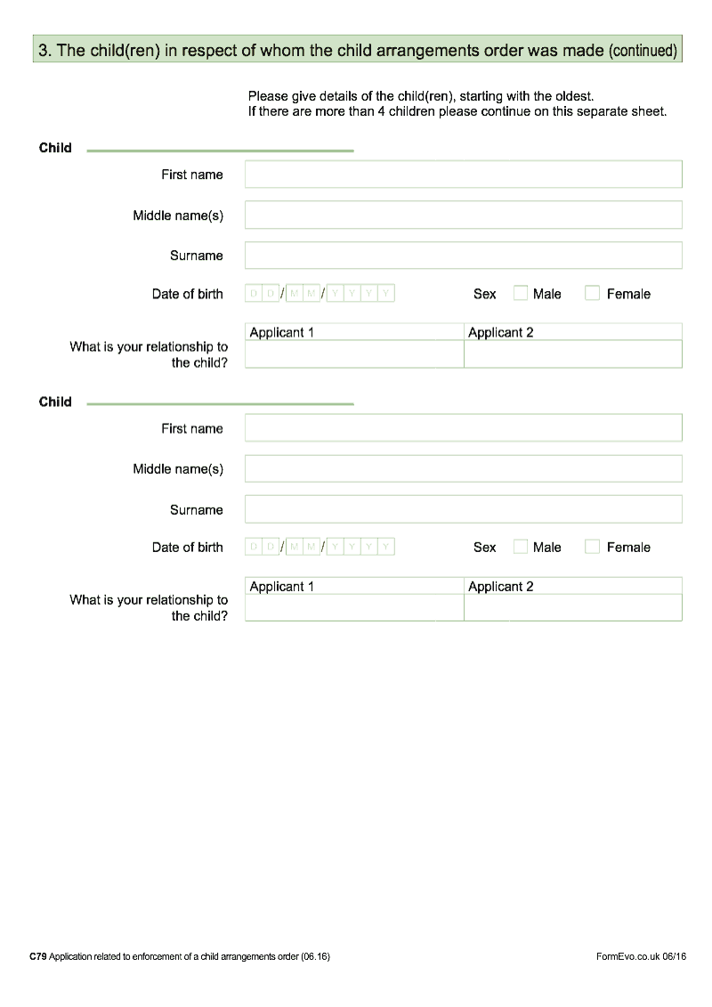 C79 Continuation Page 1 Continuation page additional children Form C79 Application related to enforcement of a child arrangements order preview