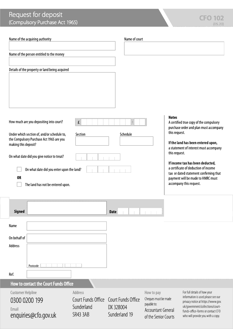 CFO 102 Request for deposit Compulsory Purchase Act 1965 preview