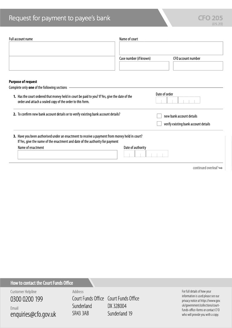 CFO 205 Request for payment to payees bank preview