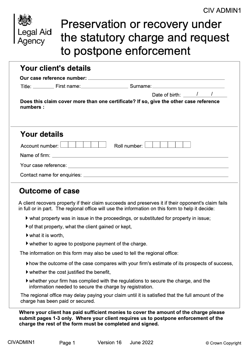 CIV ADMIN1 Preservation or recovery under the statutory charge and request to postpone enforcement preview