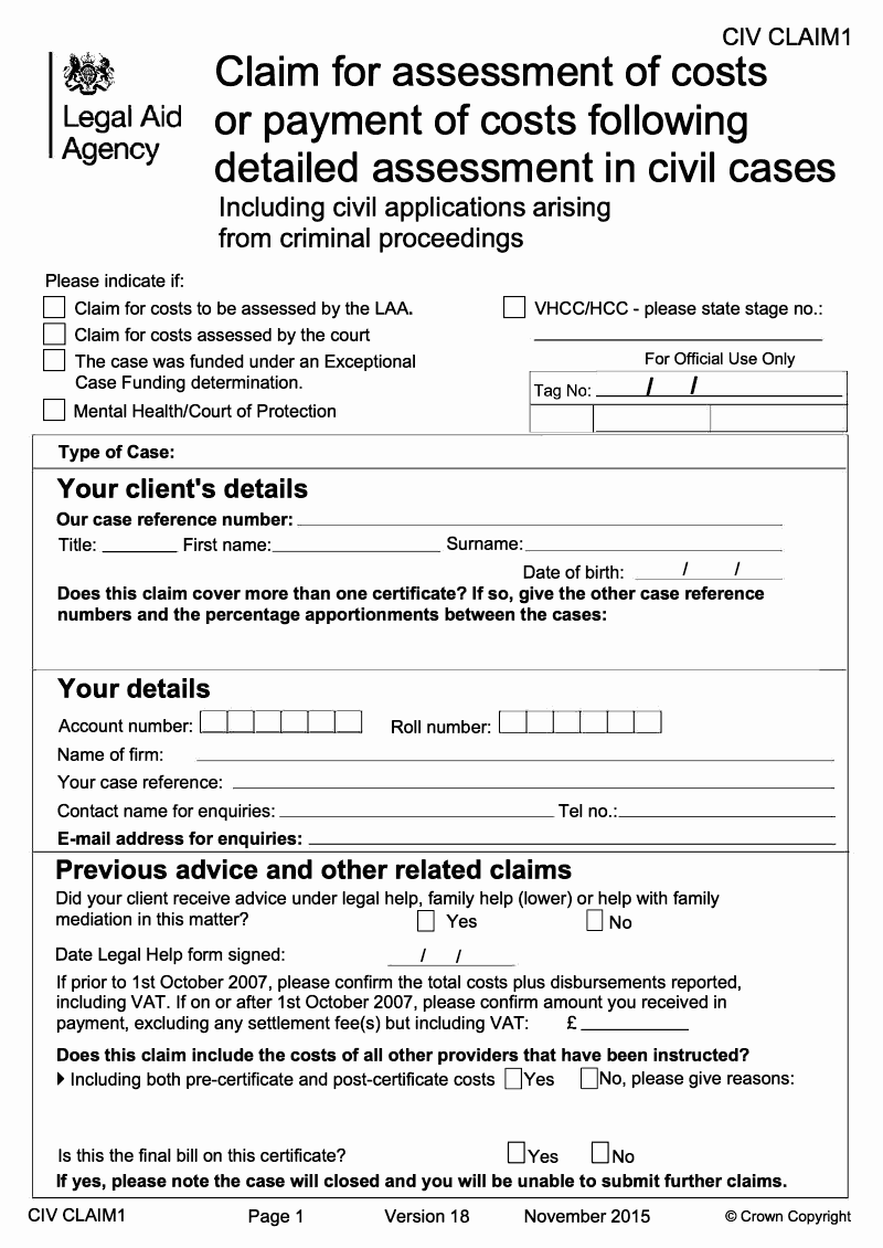 CIV CLAIM1 Claim for assessment of costs or payment of costs following detailed assessment in civil cases Including civil application arising out of criminal proceedings preview