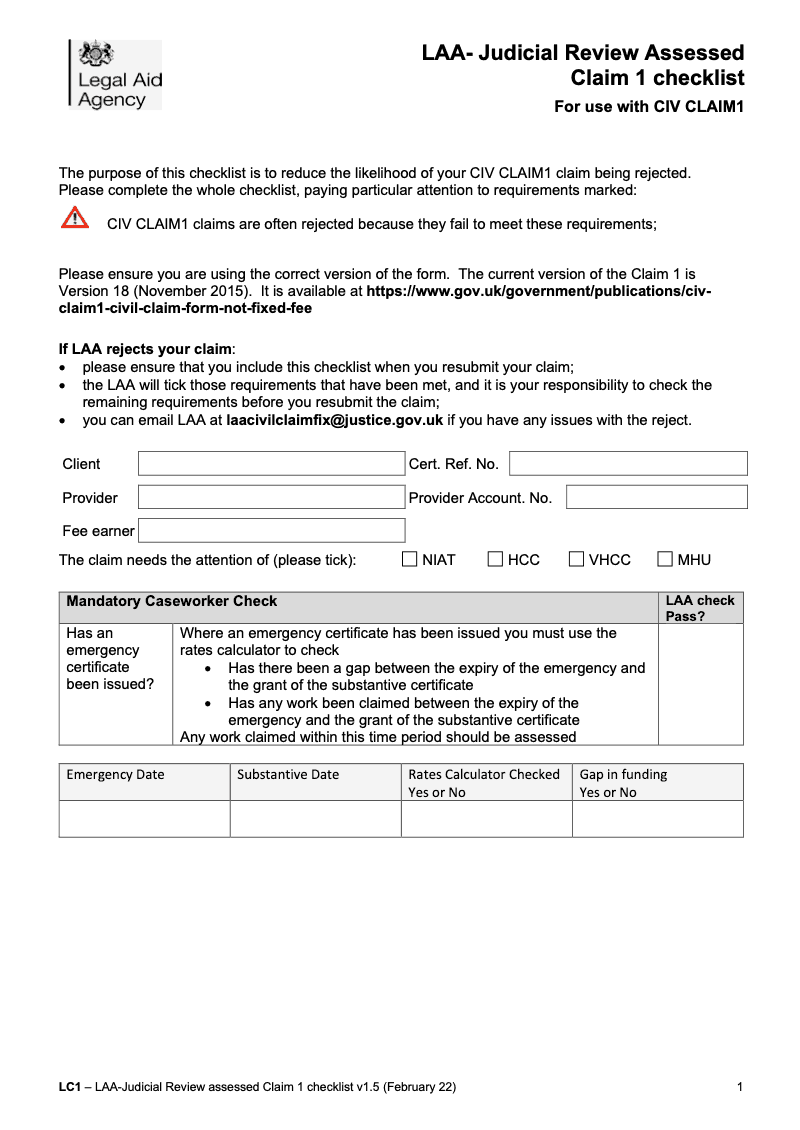 CIV CLAIM1 LC1 Checklist LAA Judicial Assessed Claim 1 checklist preview