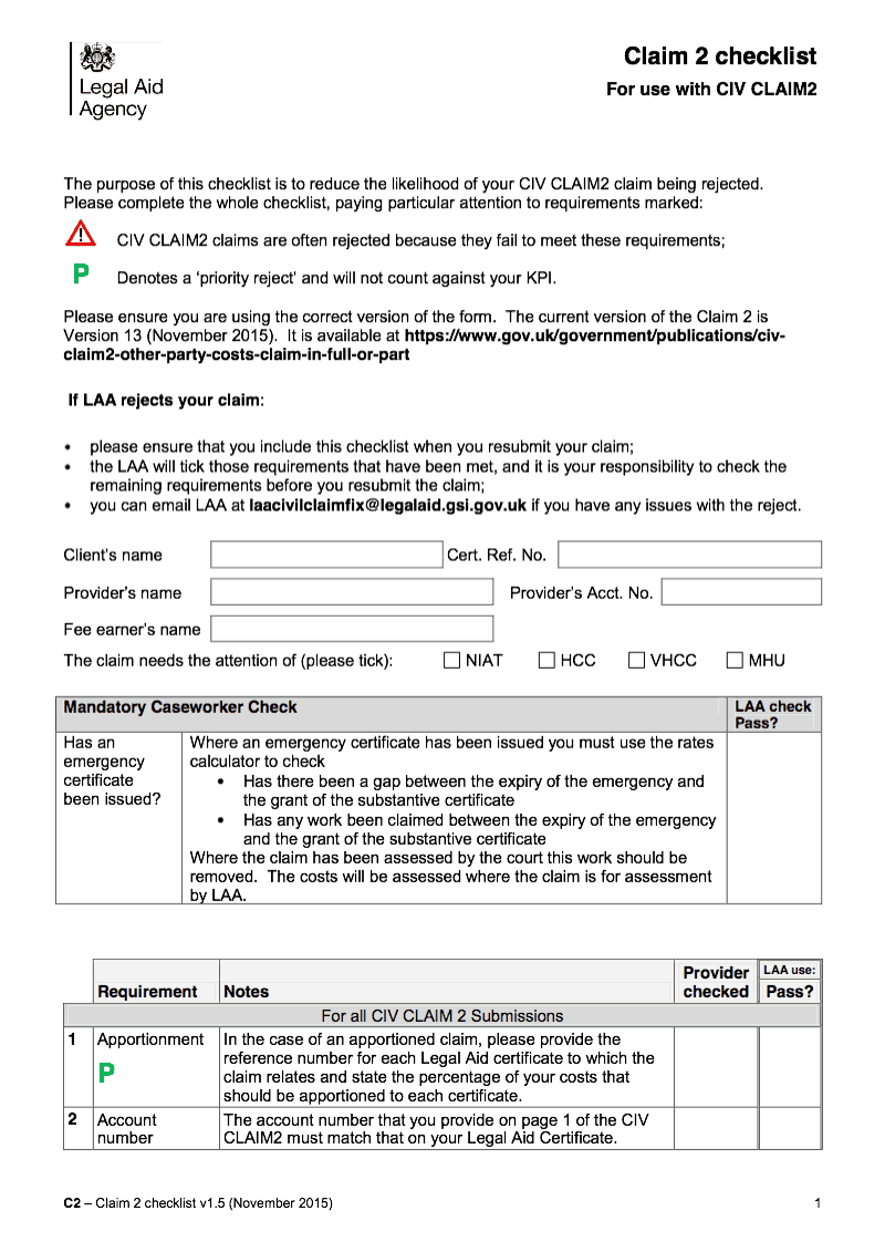 CIV CLAIM2 Checklist C2 For use with CIV CLAIM2 Report in civil cases costs met in part or in full by other party preview