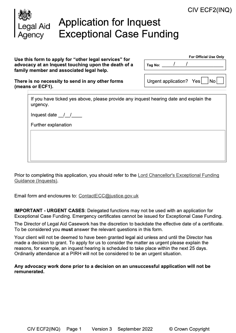 CIV ECF2 INQ Application for Inquest Exceptional Case Funding preview