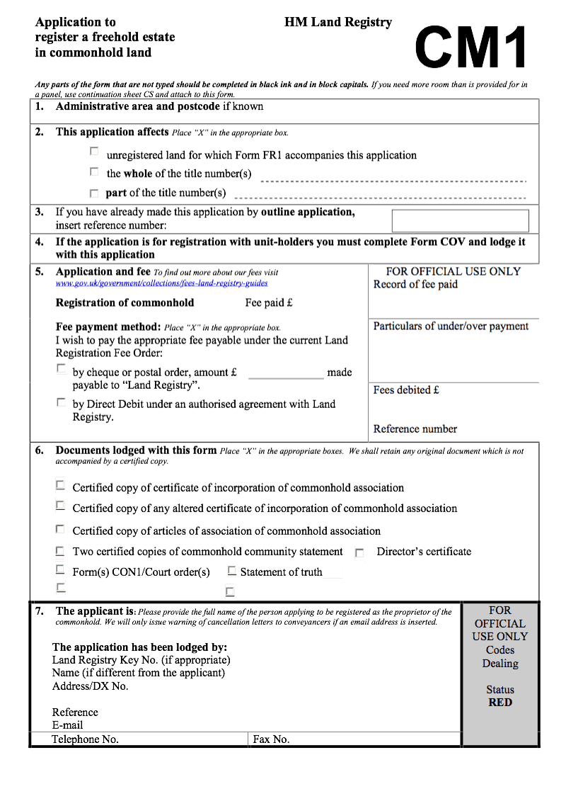 CM1 Application to register a freehold estate in commonhold land preview