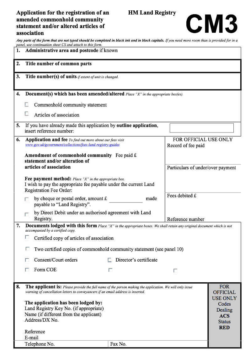 CM3 Application for the registration of an amended commonhold community statement and or altered articles of association preview