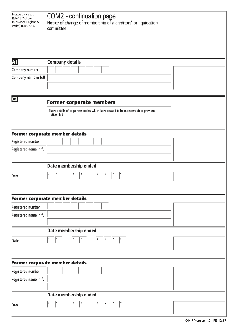 COM2 Continuation Page 4 Former corporate member continuation page COM2 Notice of change of membership of a creditors or liquidation committee preview