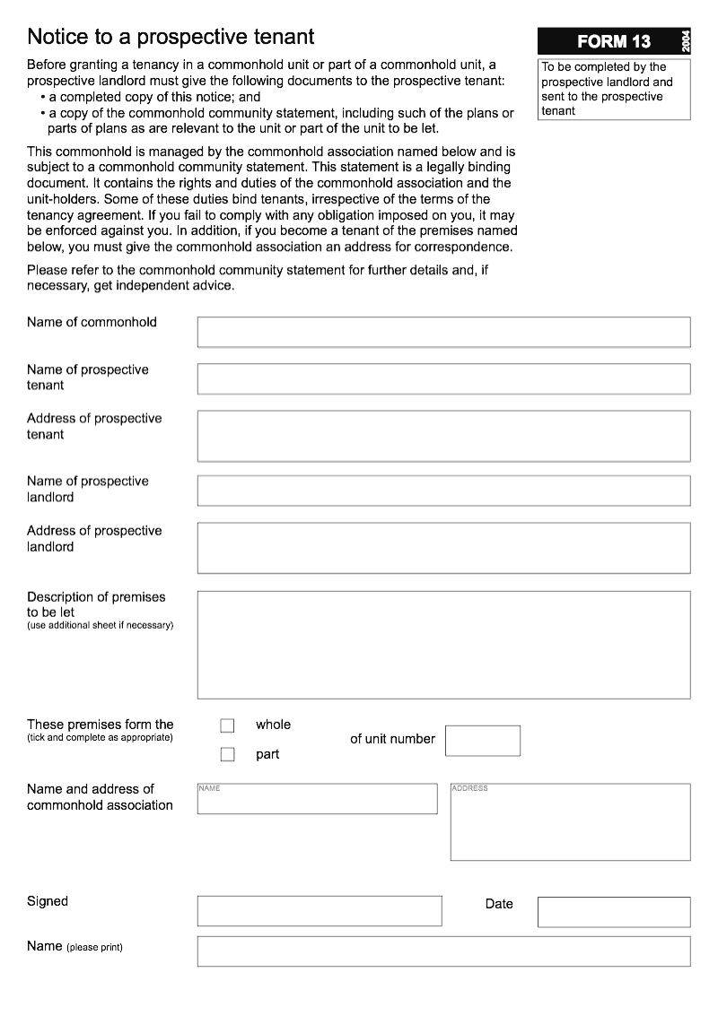 Commonhold 13 Notice to a prospective tenant Form 13 preview