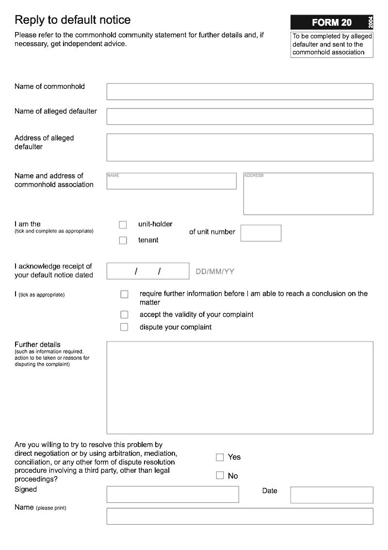 Commonhold 20 Reply to default notice Form 20 preview