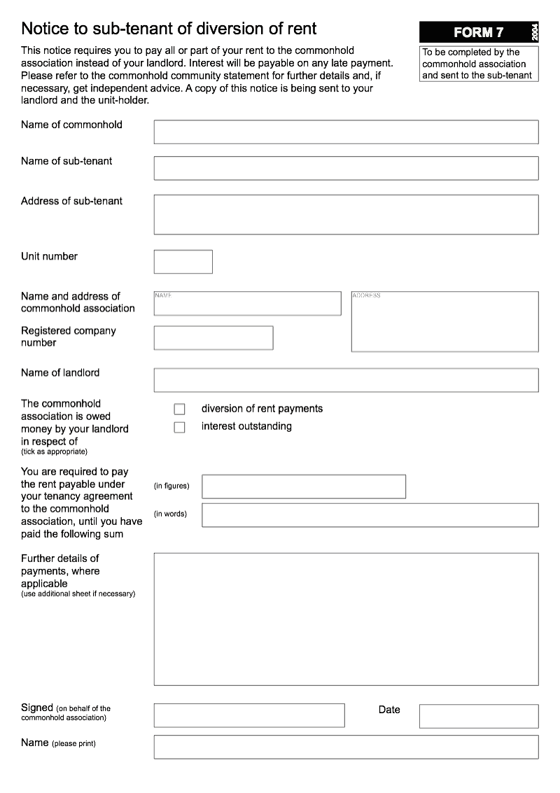 Commonhold 7 Notice to sub tenant of diversion of rent Form 7 preview