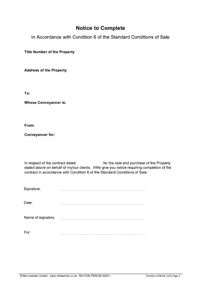 CON14E Notice top Complete In accordance with Condition 6 of the Standard Conditions of Sale preview