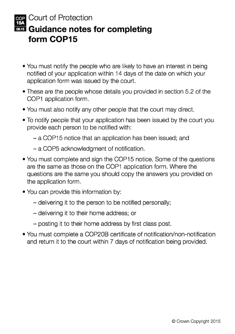 COP15A Guidance notes on completing form COP15 Notice that an application form has been issued preview