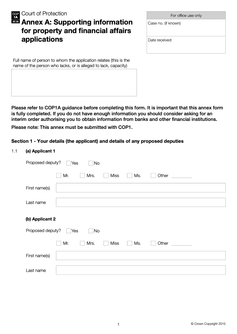 COP1A Annex A Supporting information for property and affairs applications preview