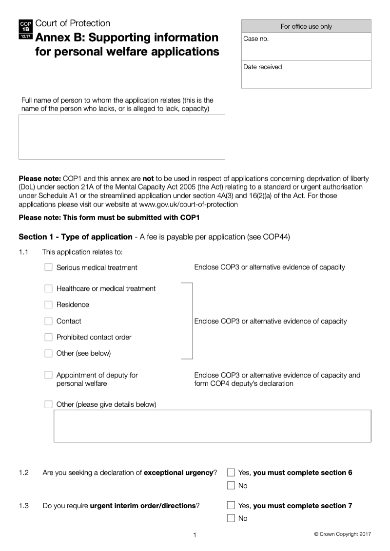 COP1B Annex B Supporting information for personal welfare applications