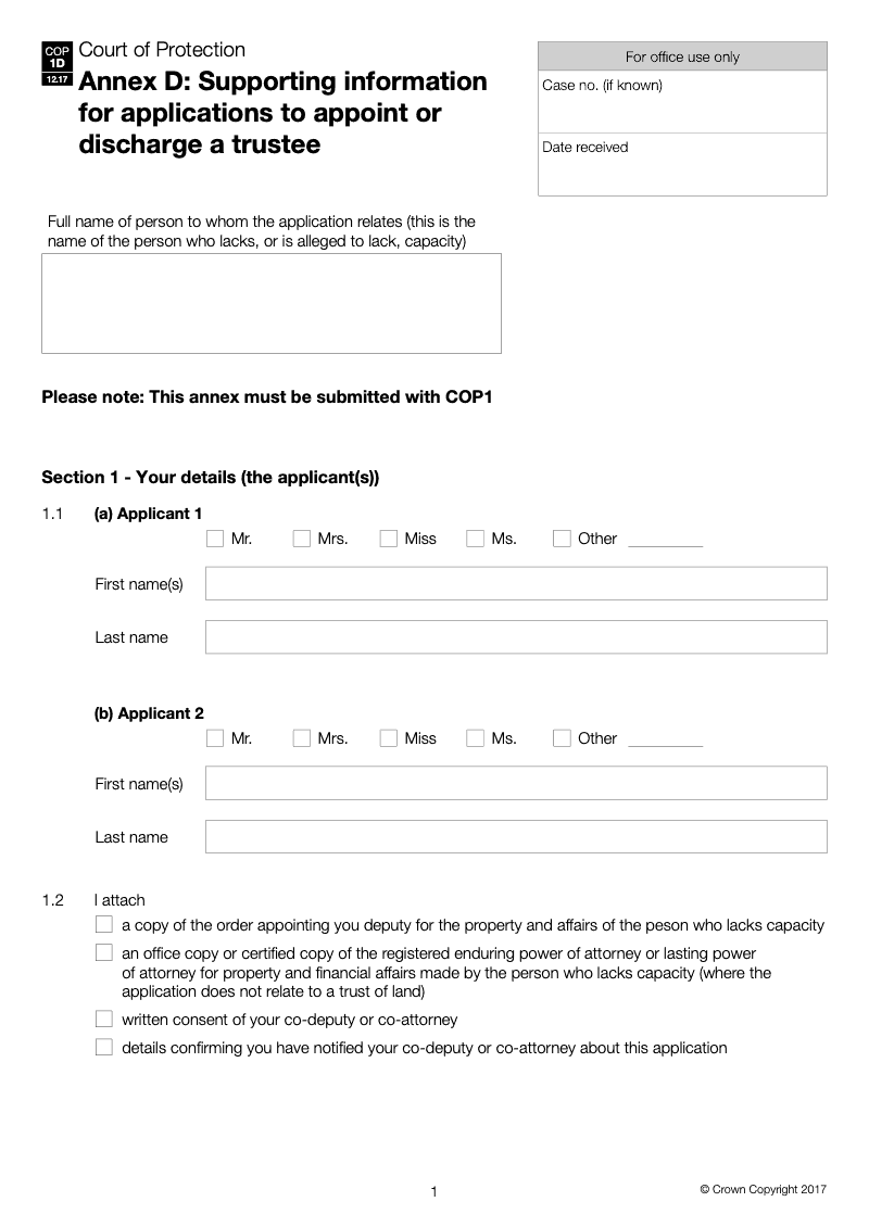 COP1D WF Annex D Supporting information for applications to appoint or discharge a trustee COP Workflow form only preview