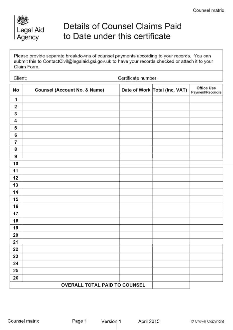 Counsel matrix Details of Counsel claims paid to date under this certificate preview