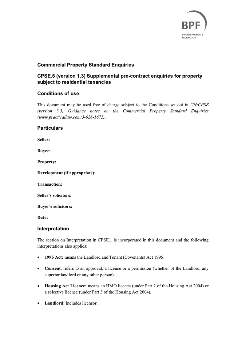 CPSE6 Supplemental Pre Contract Enquiries for Property Subject to Residential Tenancies preview