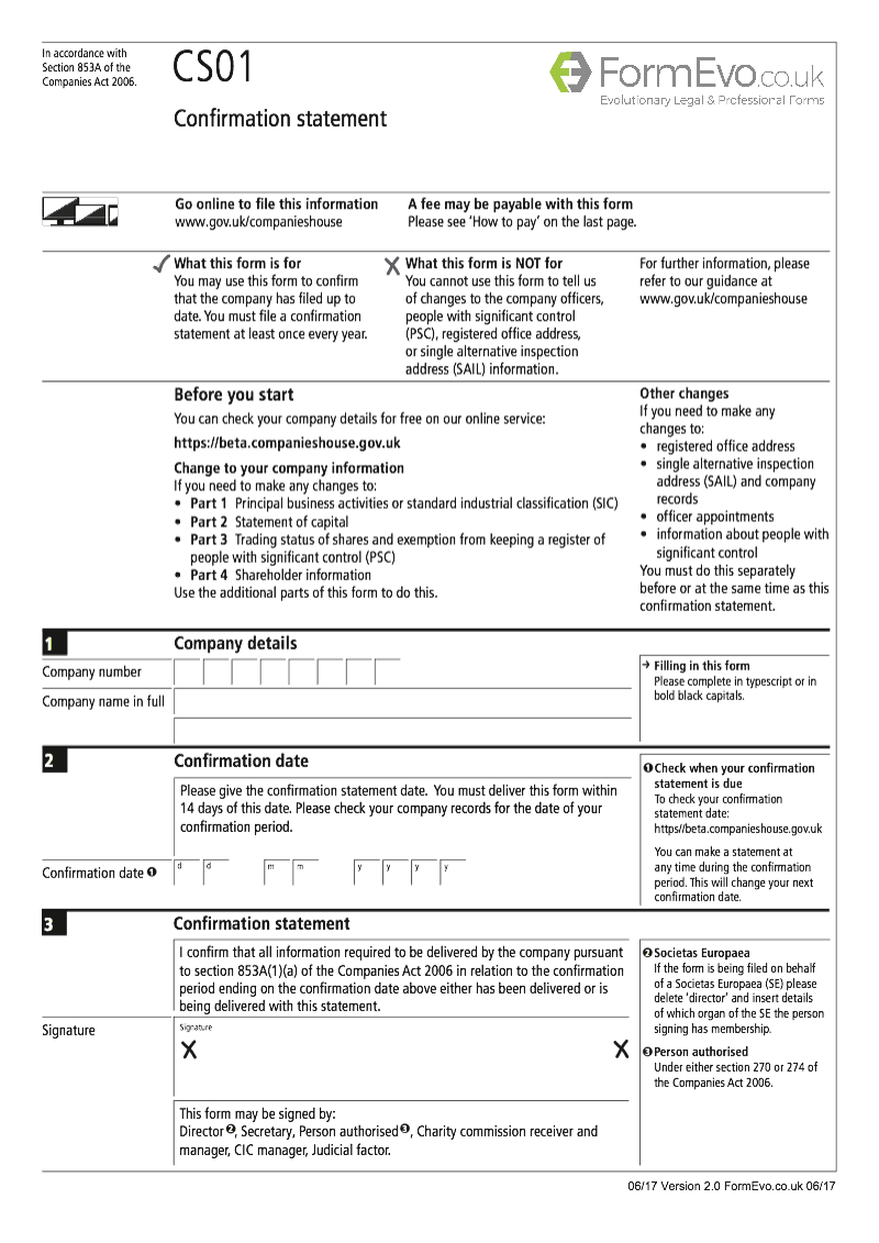 CS01 Confirmation statement Section 853A Companies Act 2006 preview