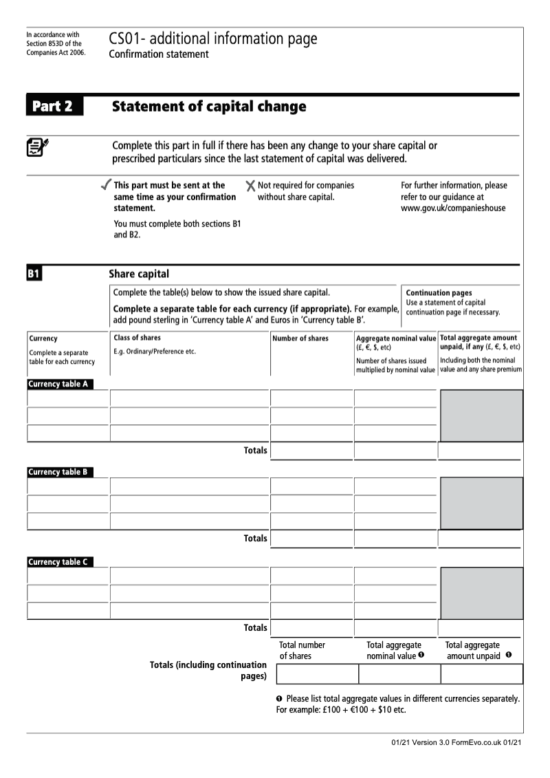 CS01 Part 2 Statement of capital change Confirmation statement Section 853D preview