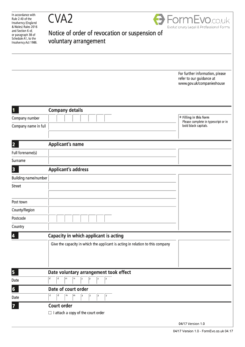 CVA2 Notice of order of revocation or suspension of voluntary arrangement Rule 2 40 preview