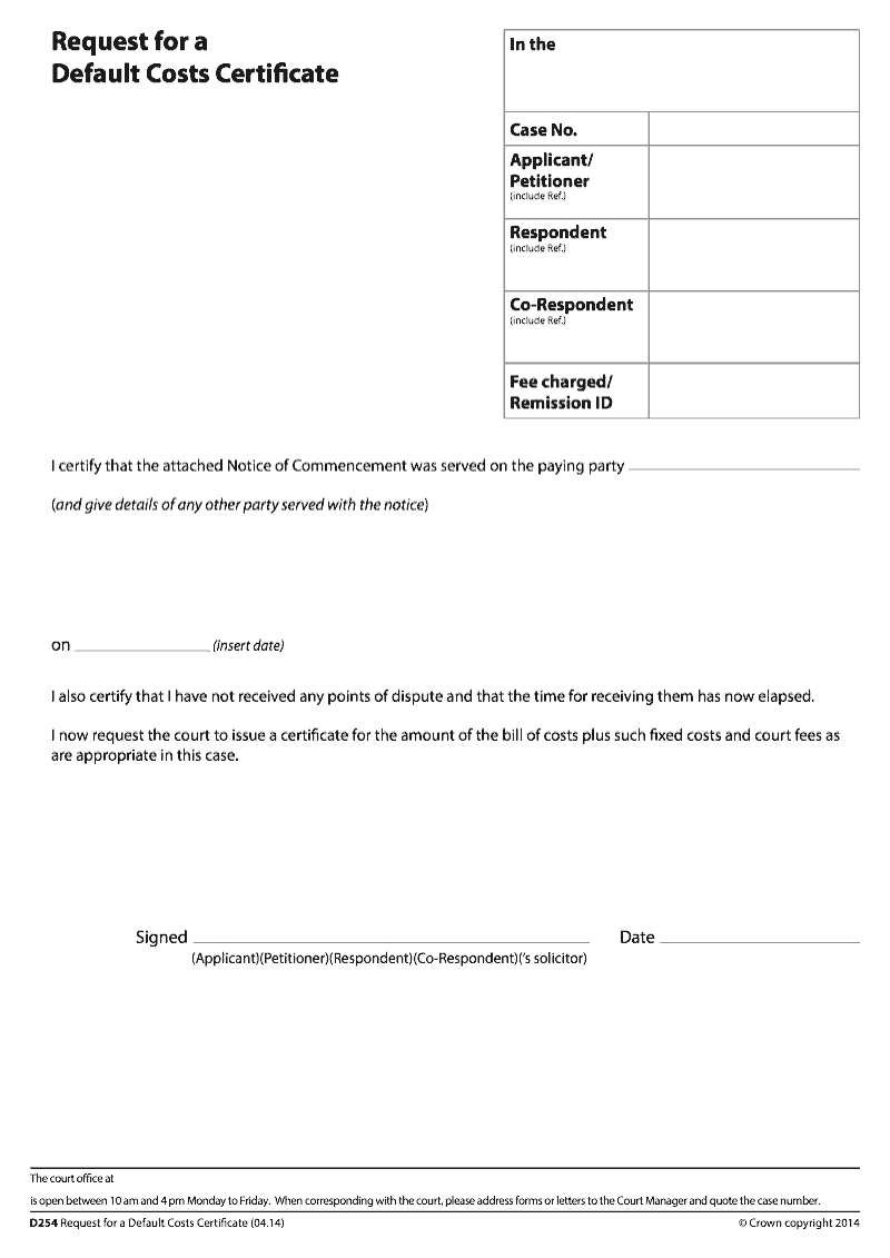 D254 Request for a default costs certificate preview