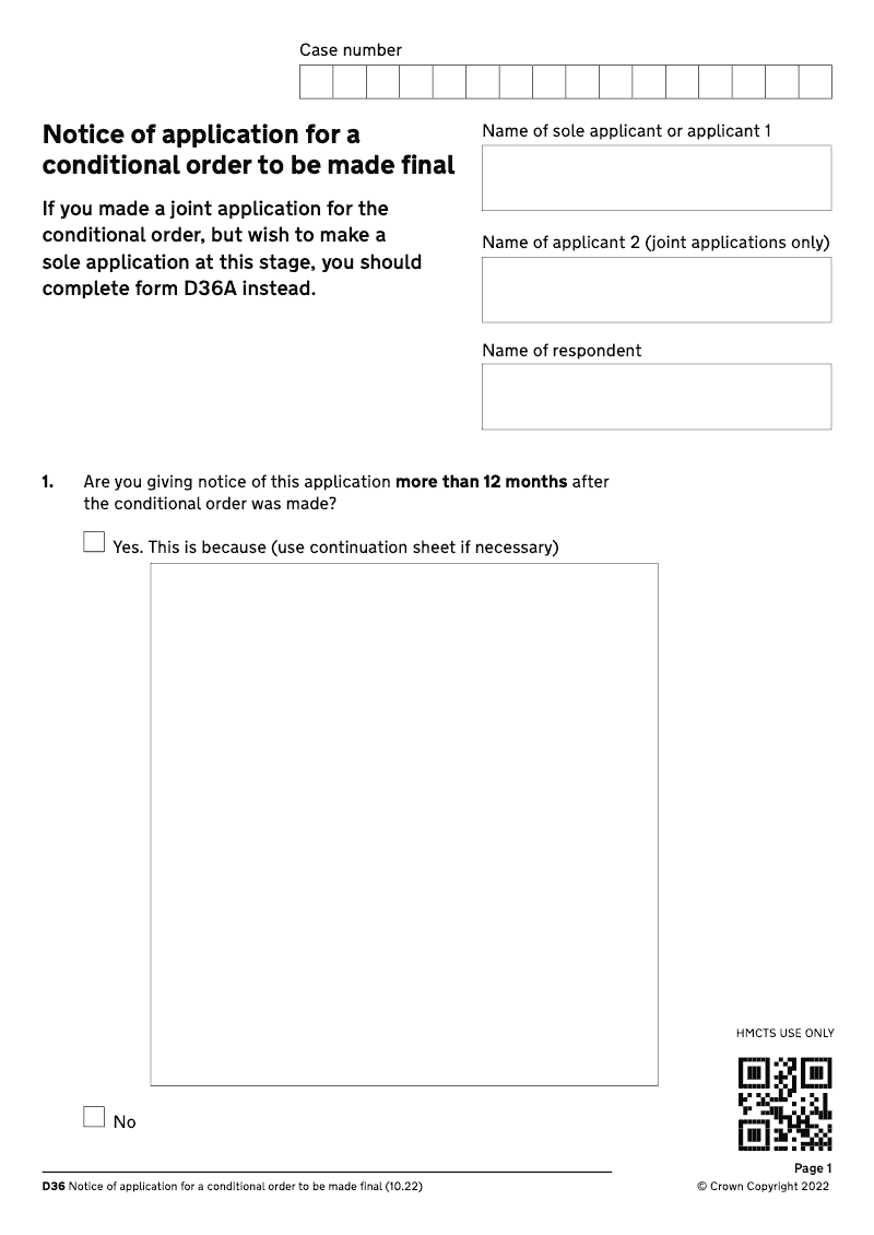 D36 Notice of application for a conditional order to be made final joint application electronic signature available preview