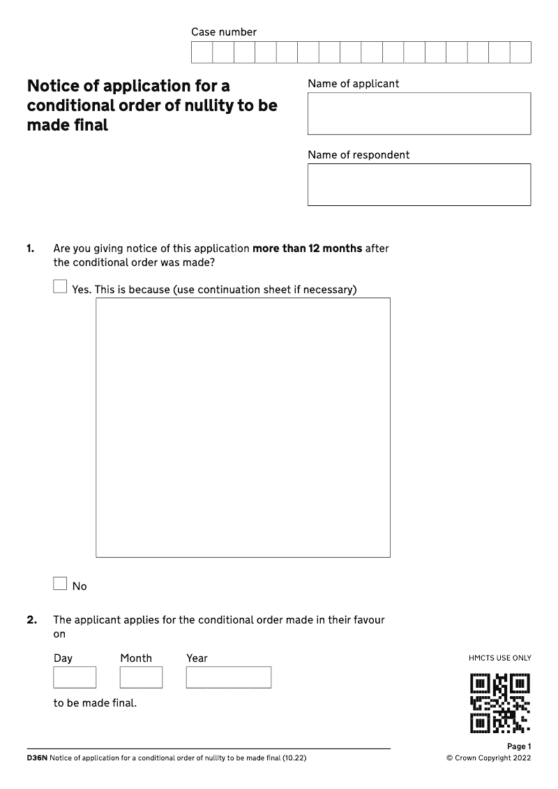 D36N Notice of application for a conditional order of nullity to be made final electronic signature available preview