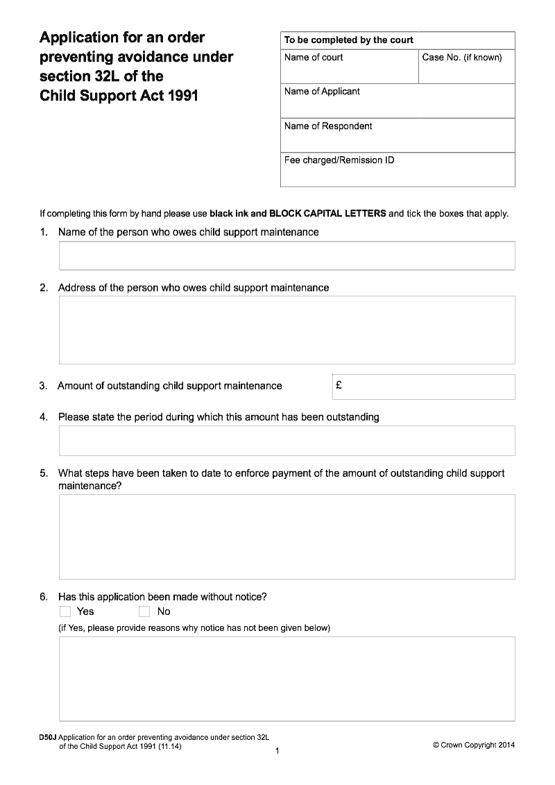 D50J Application for an order preventing avoidance under section 32L of the Child Support Act 1991 preview