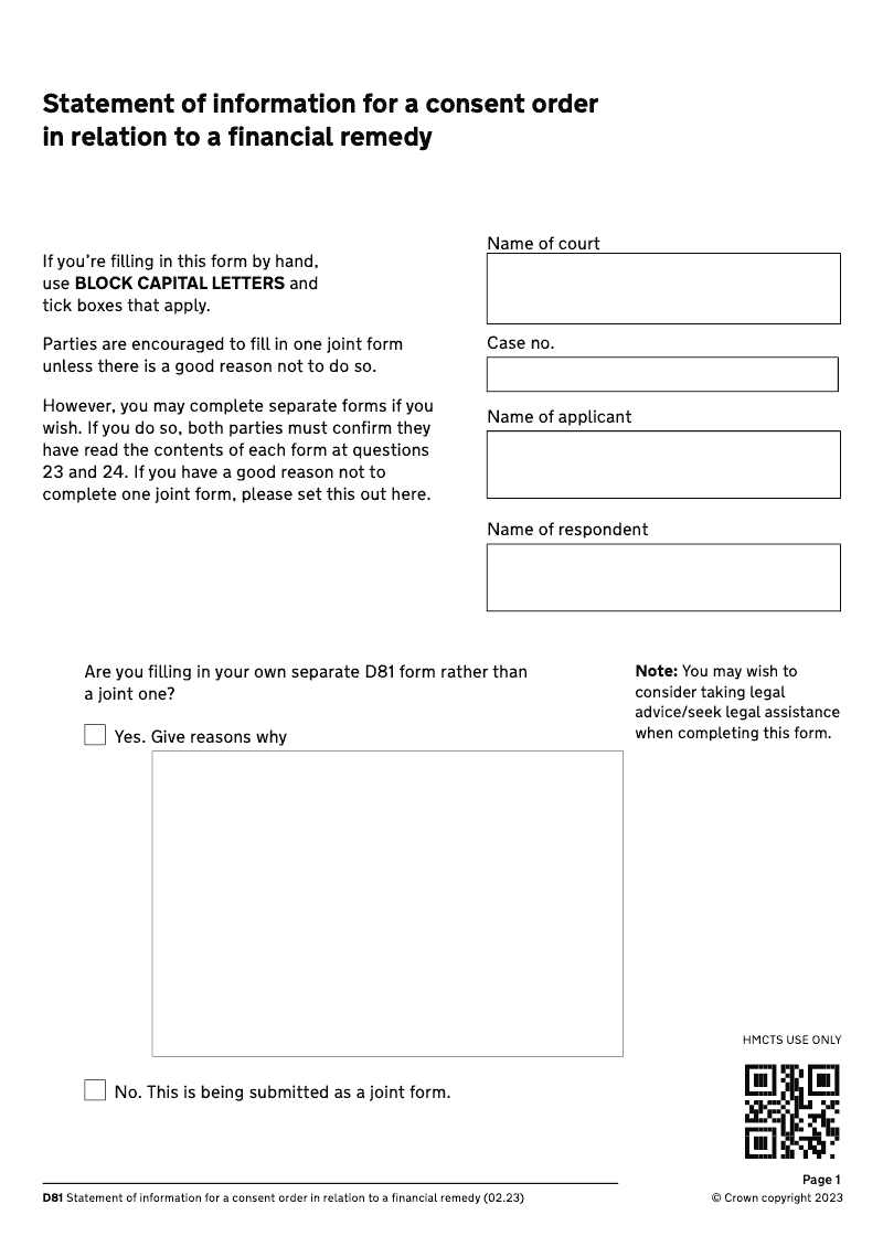 D81 MutualConsent Statement of information for a consent order in relation to a financial remedy DIV32 electronic signature by BOTH Applicant and Respondent preview