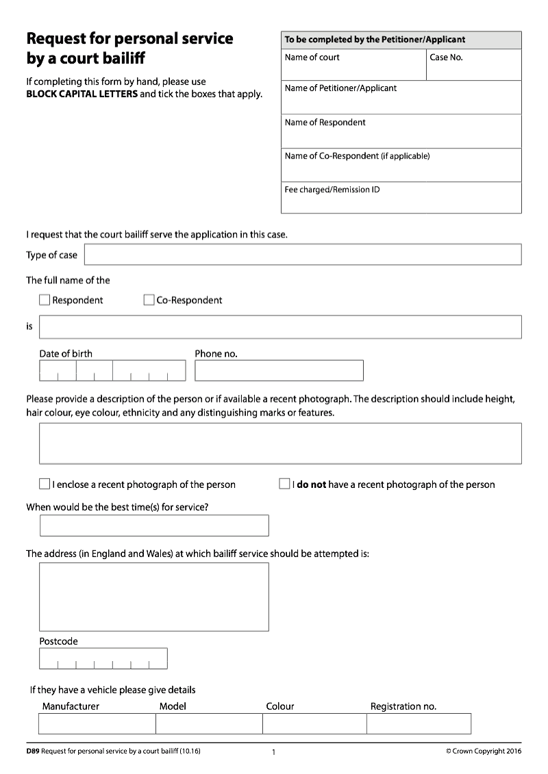 D89 PreApril 2022 Request for personal service by a court bailiff pre April 2022 version preview