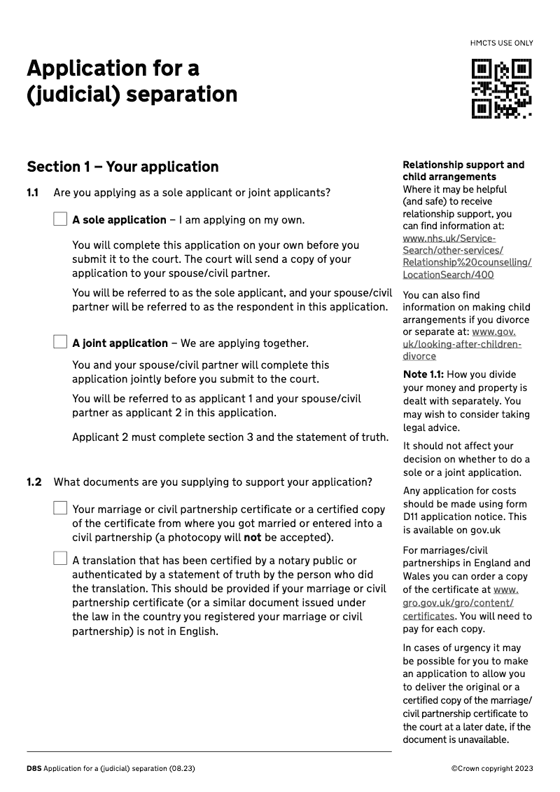 D8S Application for a judicial separation electronic signature available preview