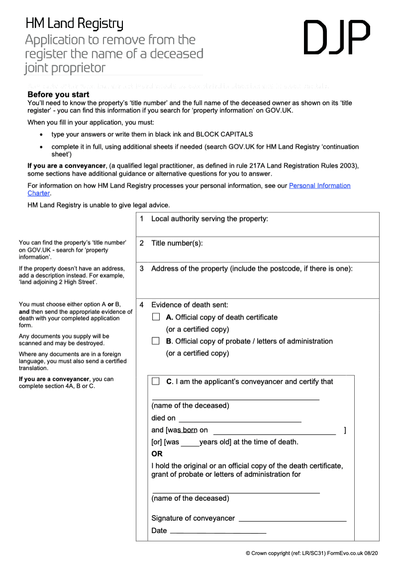 DJP Application to remove from the register the name of a deceased joint proprietor preview