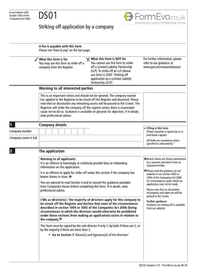 DS01 Striking off application by a company Section 1003 preview