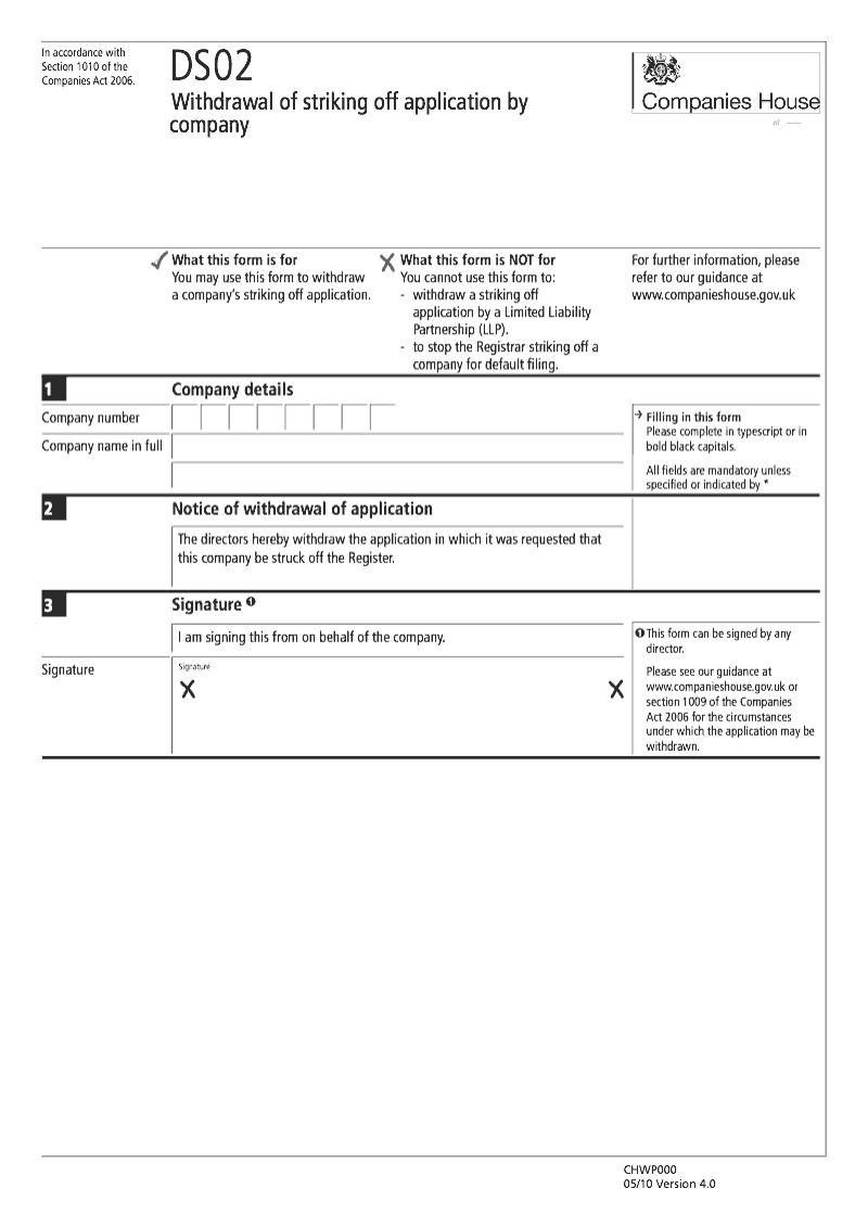 DS02 Withdrawal of striking off application by company Section 1010 preview