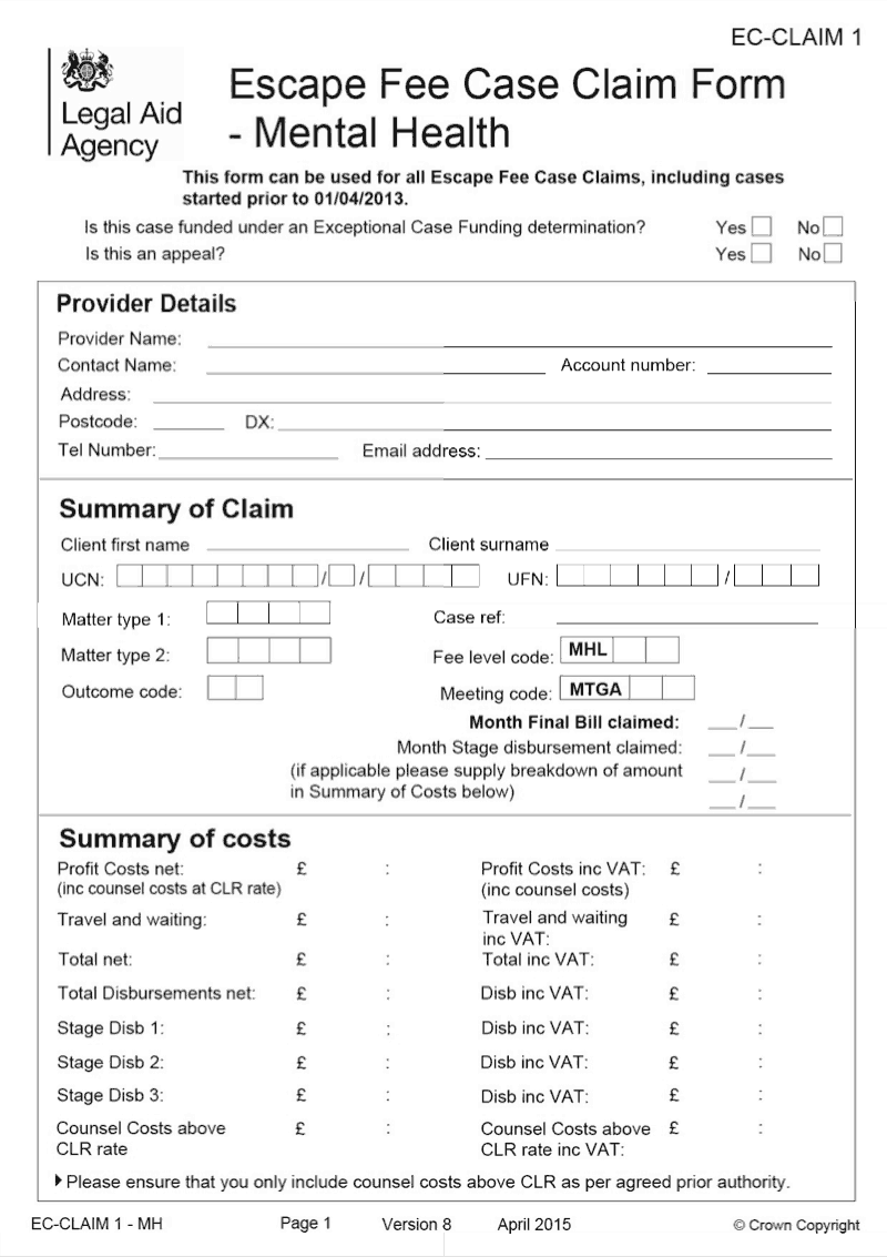 EC CLAIM1 MH Escape Fee Case Claim form Mental Health preview